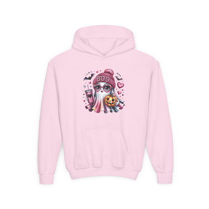 Youth Halloween Ghost Hoodie – Pink ‘Boo’ Skull with Pumpkin & Hearts