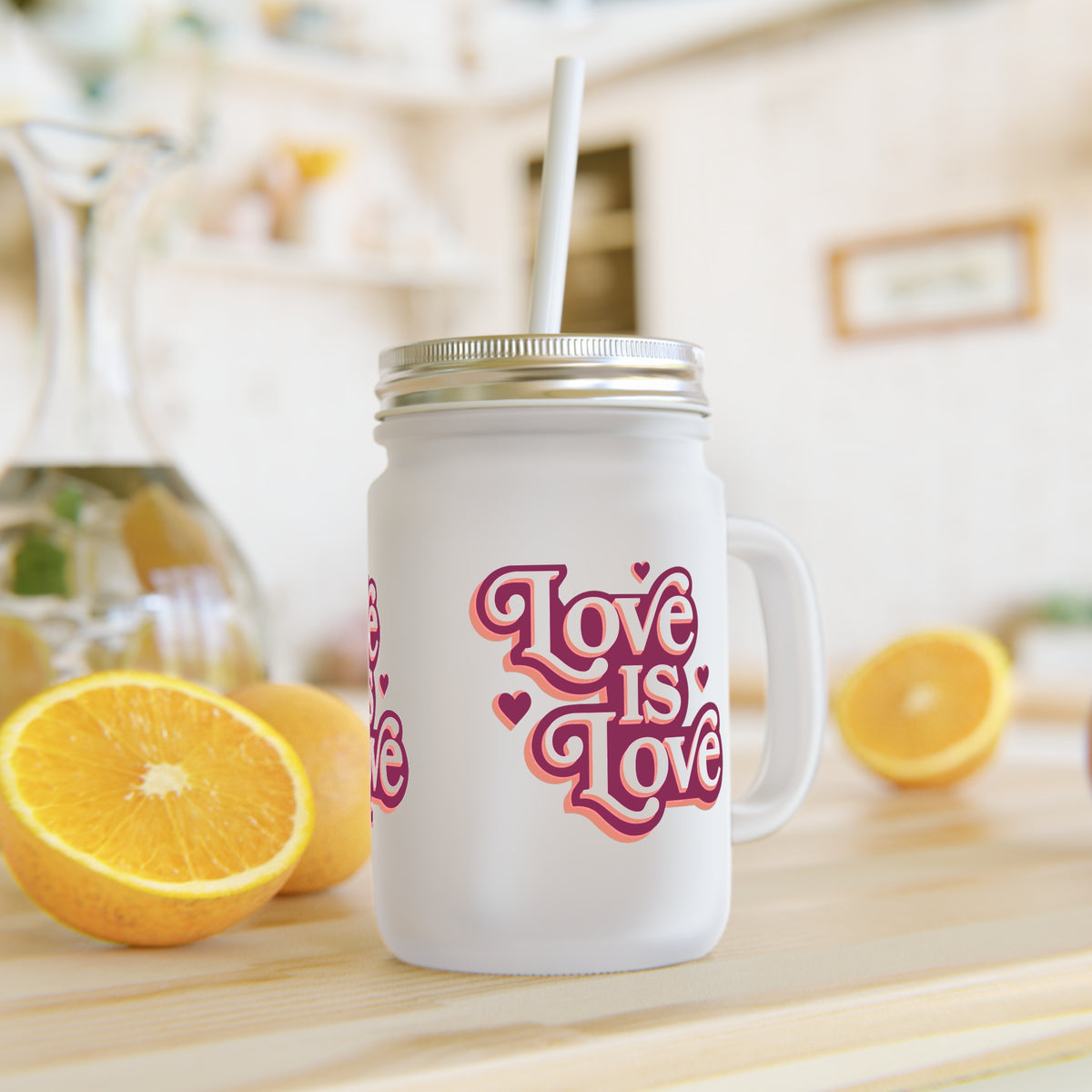 Mason Jar - "Love Is Love" Retro Heart Mason Jar Tumbler with Straw