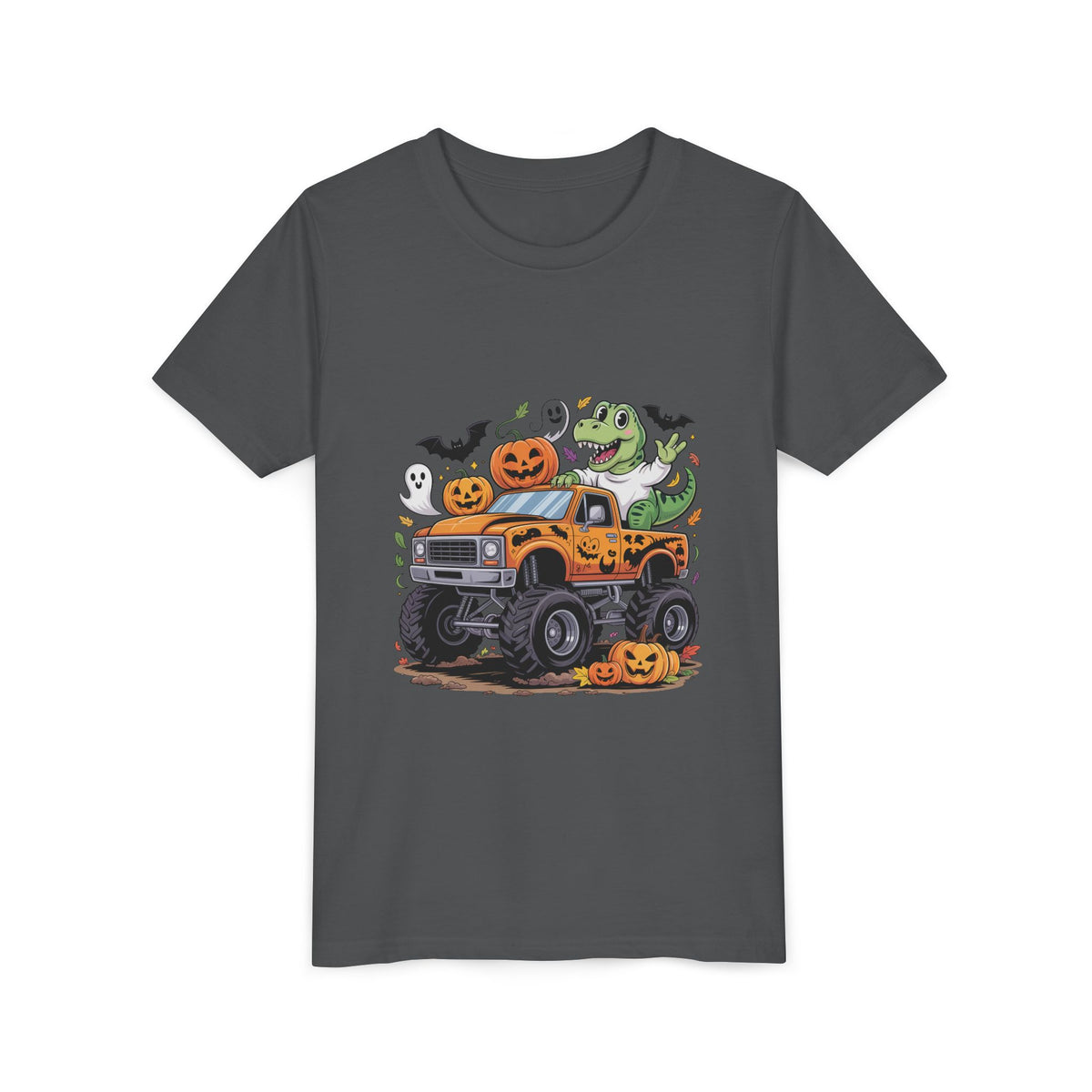 Kids Halloween Monster Truck Tee - Cute Pumpkin, Ghost & Dinosaur Truck Design