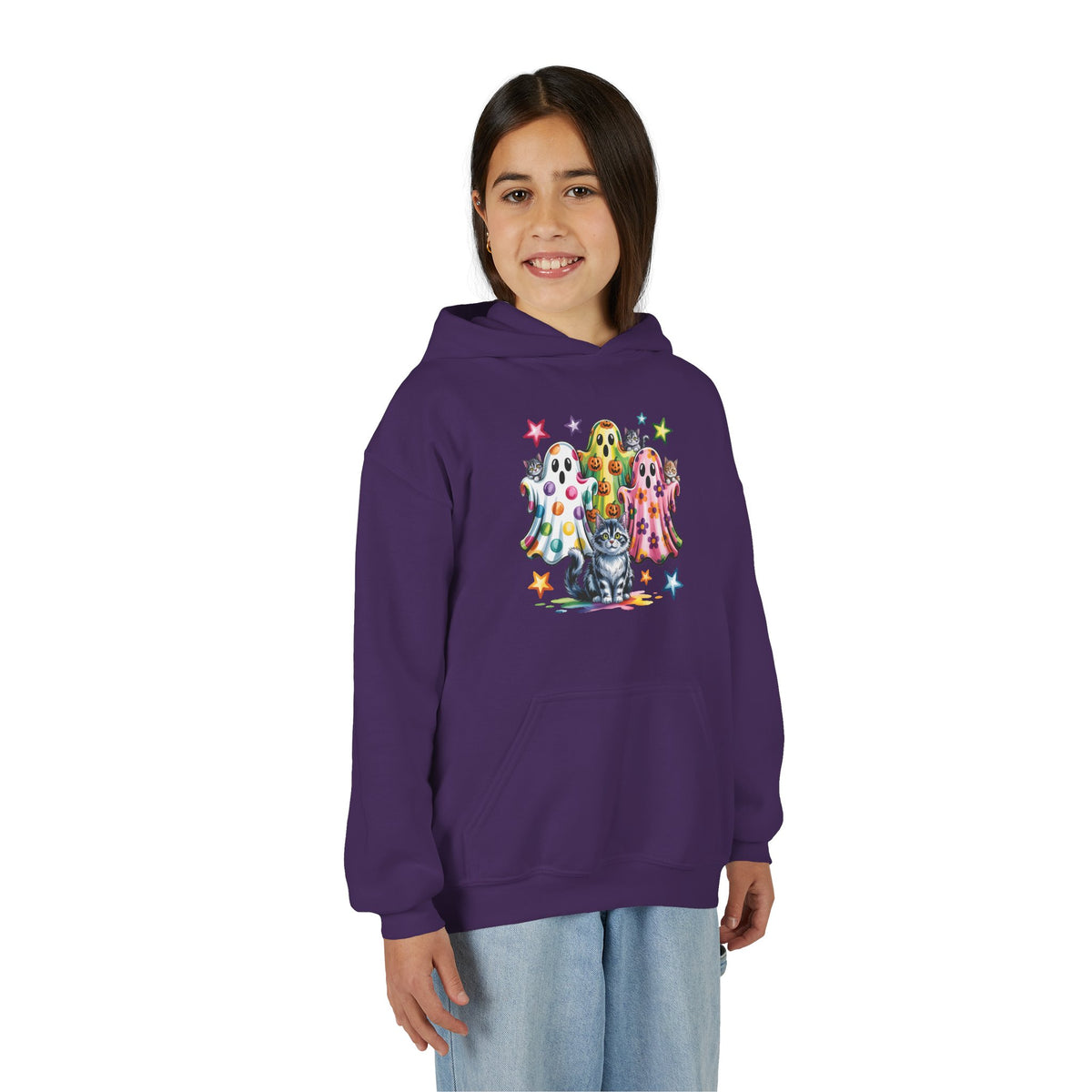 Youth Hoodie — Colorful Polka Dot Ghosts & Cat Halloween Sweatshirt