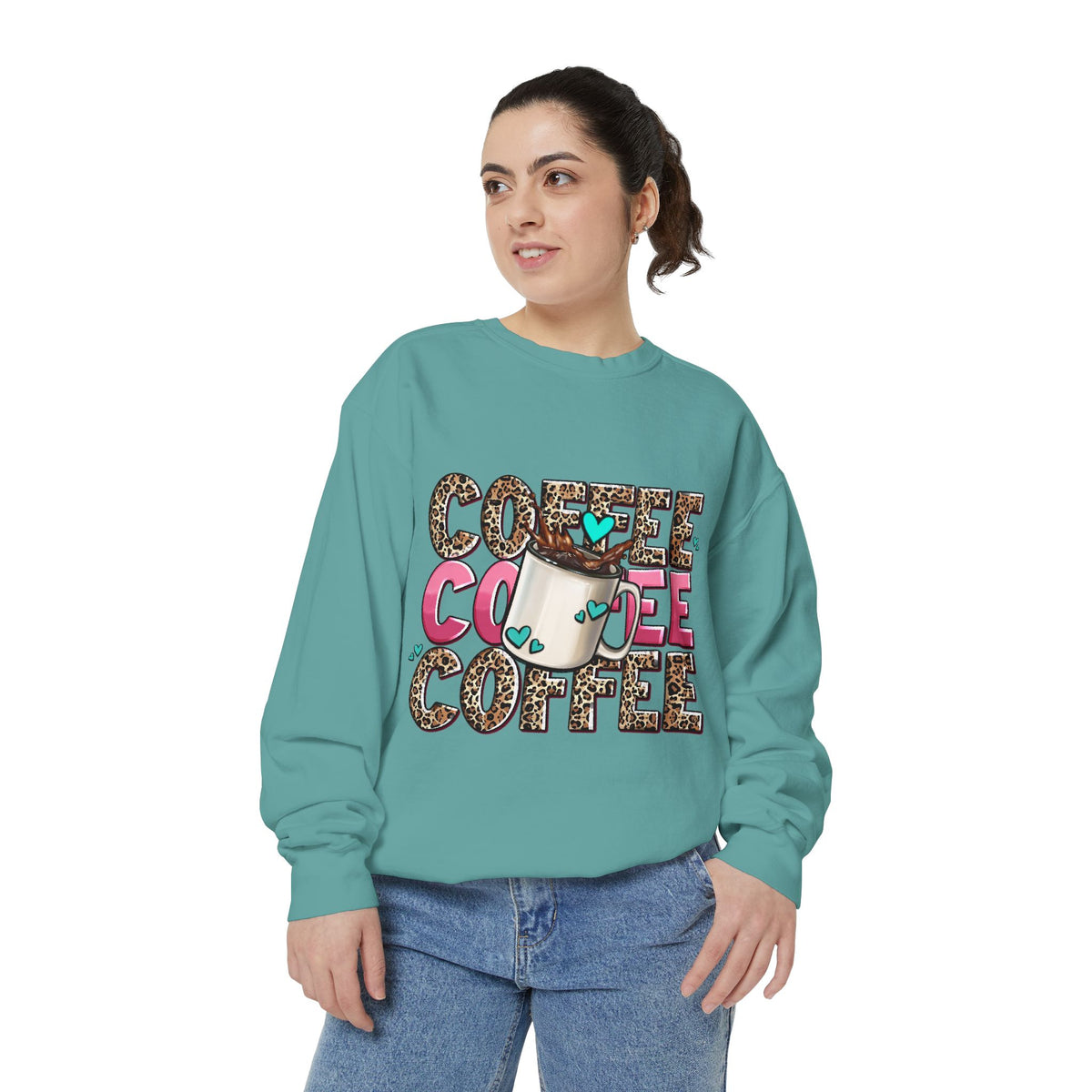 Coffee Leopard Print Sweatshirt — Cute Mug Graphic Coffee Lover Pullover