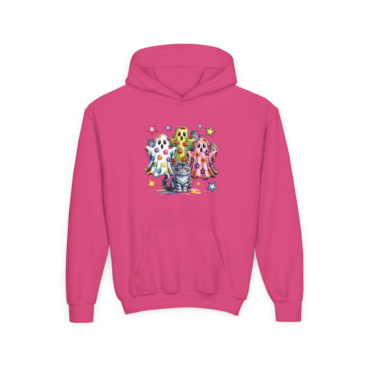 Youth Hoodie — Colorful Polka Dot Ghosts & Cat Halloween Sweatshirt