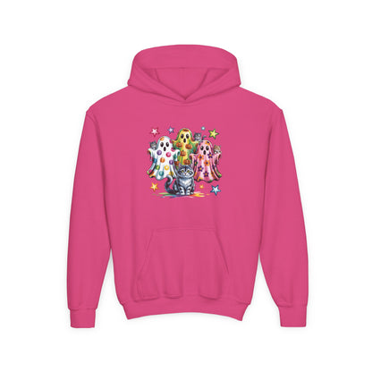 Youth Hoodie — Colorful Polka Dot Ghosts & Cat Halloween Sweatshirt