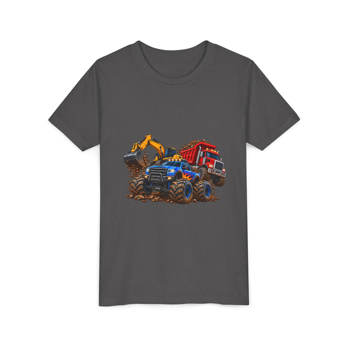 Kids Construction Trucks Tee — Monster Dump Truck & Excavator Graphic Youth Shirt