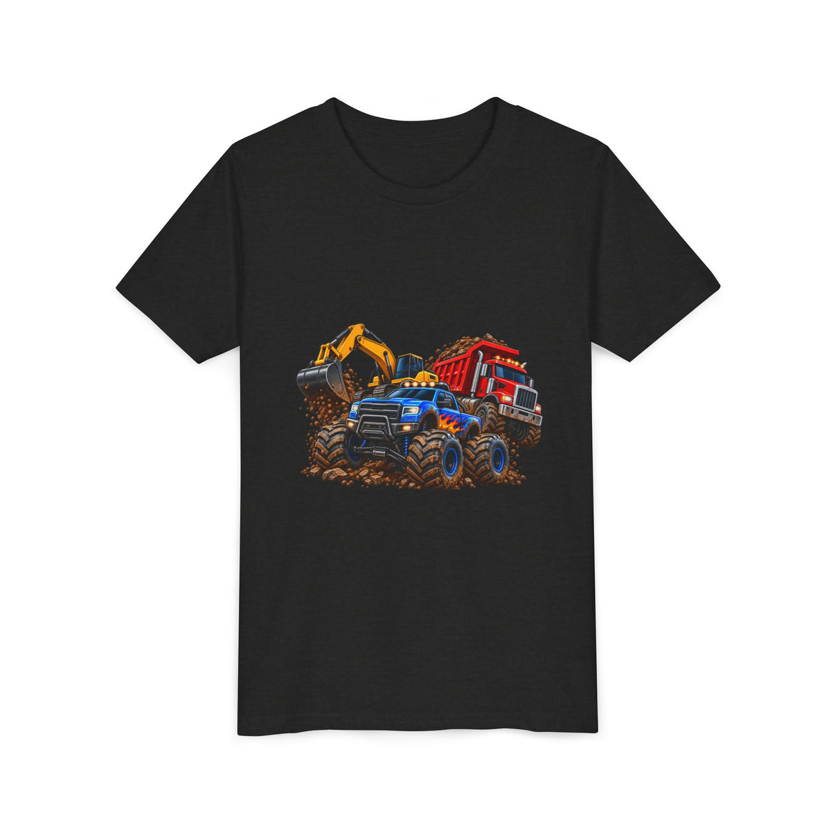 Kids Construction Trucks Tee — Monster Dump Truck & Excavator Graphic Youth Shirt