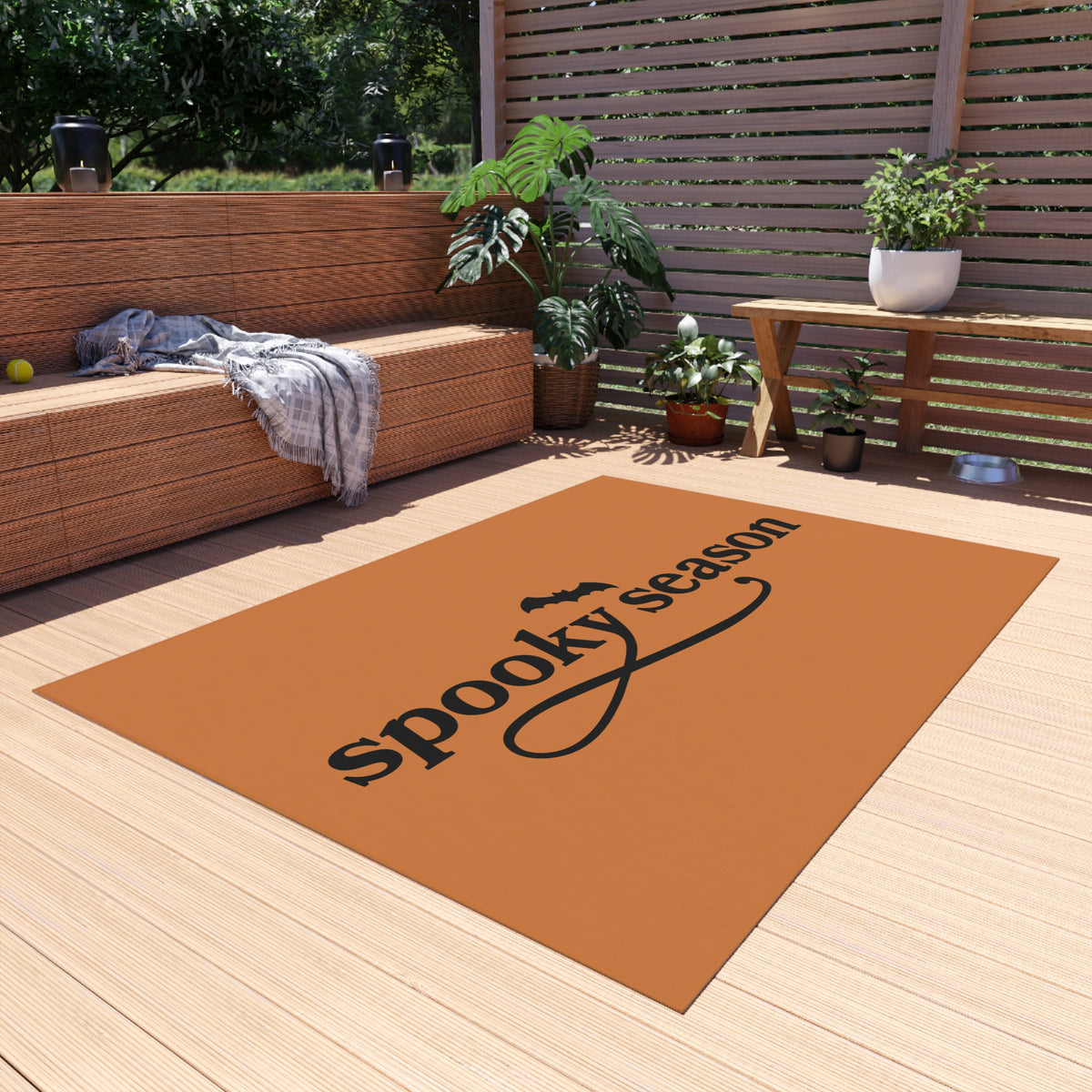 Outdoor Rug — "Spooky Season" Halloween Doormat (Orange with Bat)