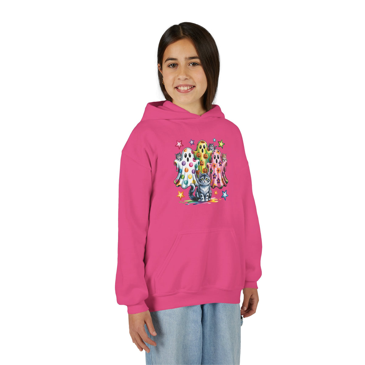 Youth Hoodie — Colorful Polka Dot Ghosts & Cat Halloween Sweatshirt