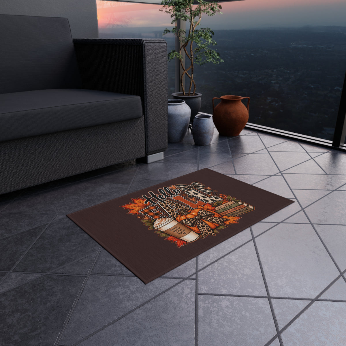 Hello Fall Outdoor Rug — Cozy Autumn Coffee & Leaves Doormat