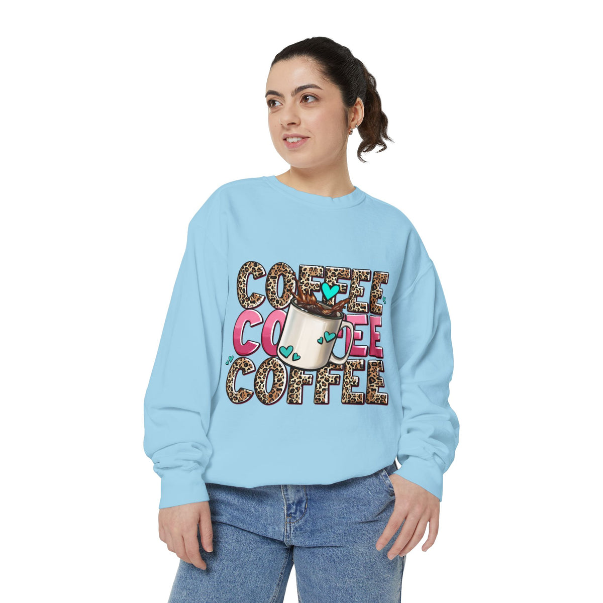 Coffee Leopard Print Sweatshirt — Cute Mug Graphic Coffee Lover Pullover