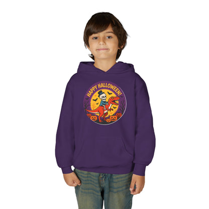 Youth Halloween Hoodie — 'Happy Halloween' Skeleton Riding Dinosaur Kids Sweatshirt