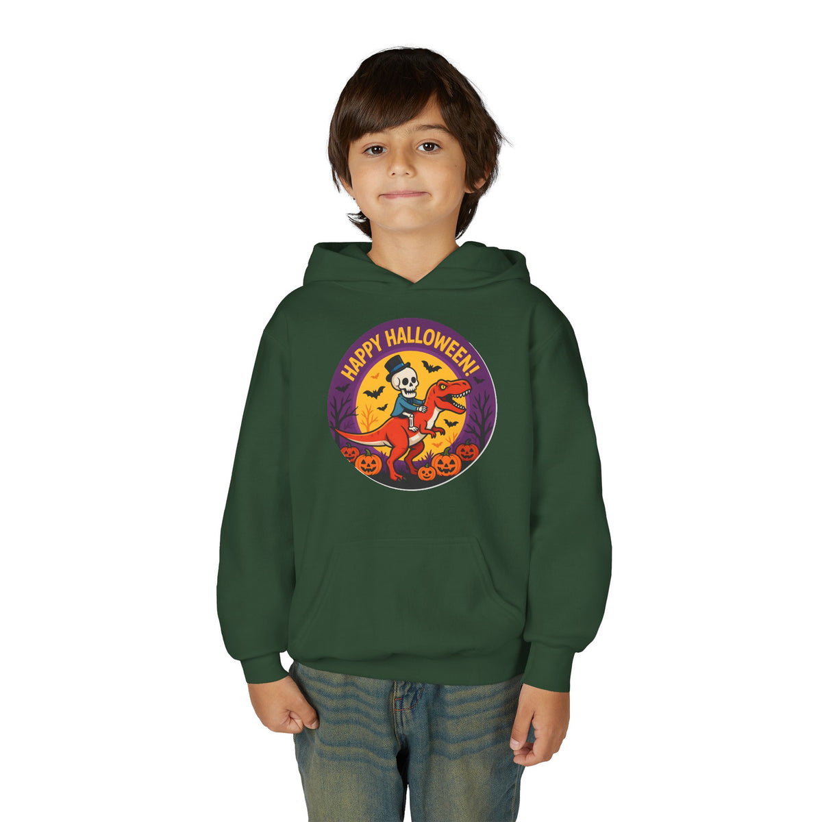 Youth Halloween Hoodie — 'Happy Halloween' Skeleton Riding Dinosaur Kids Sweatshirt