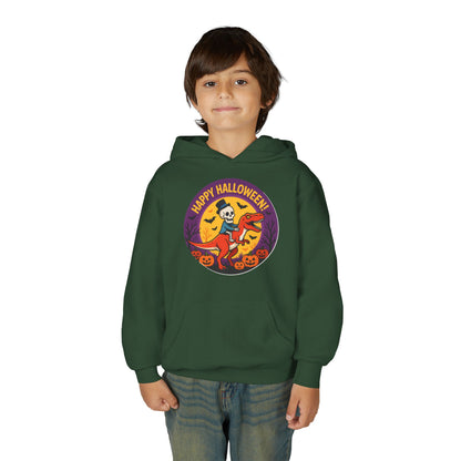 Youth Halloween Hoodie — 'Happy Halloween' Skeleton Riding Dinosaur Kids Sweatshirt