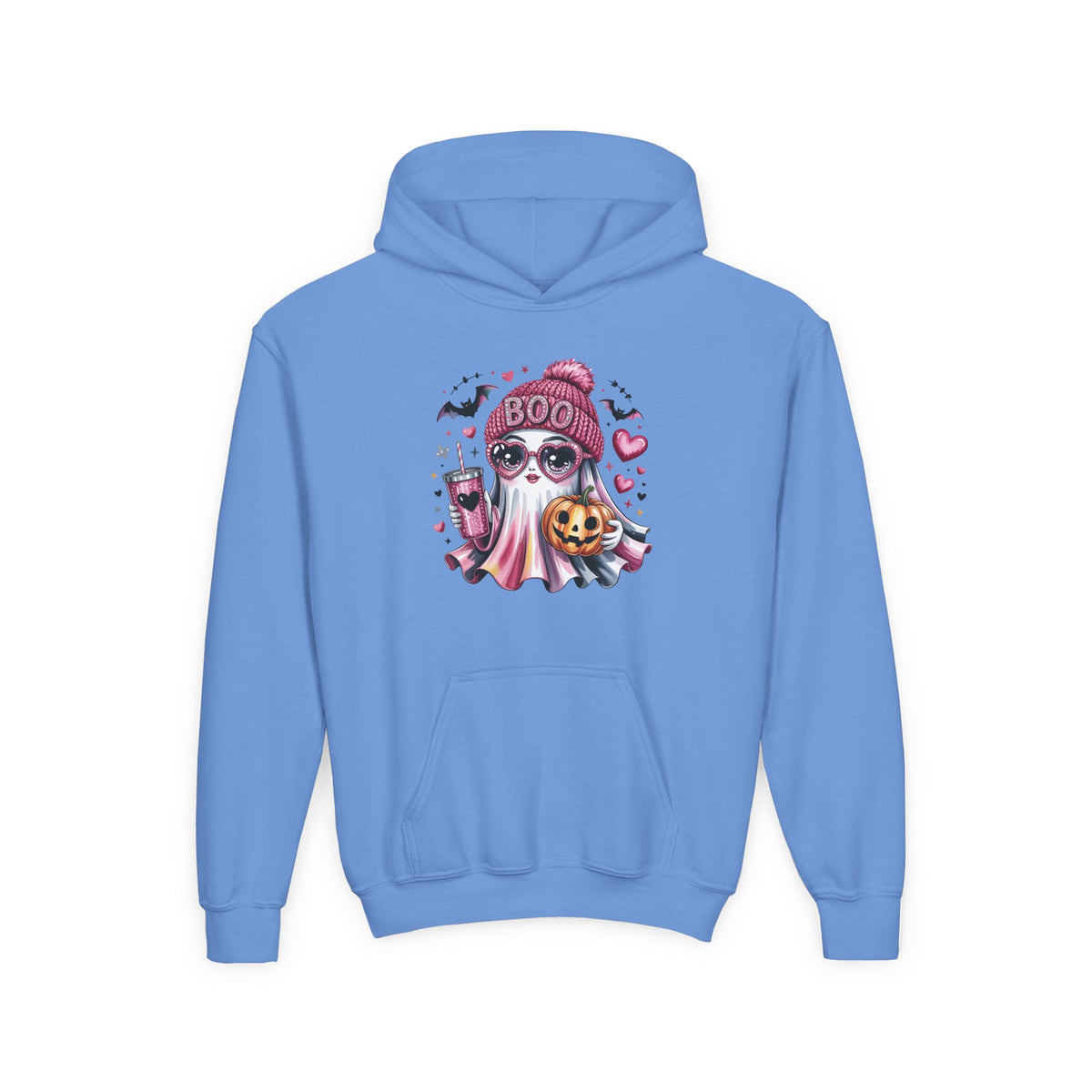 Youth Halloween Ghost Hoodie – Pink ‘Boo’ Skull with Pumpkin & Hearts