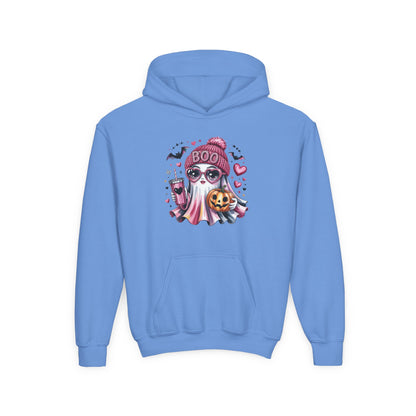 Youth Halloween Ghost Hoodie – Pink ‘Boo’ Skull with Pumpkin & Hearts