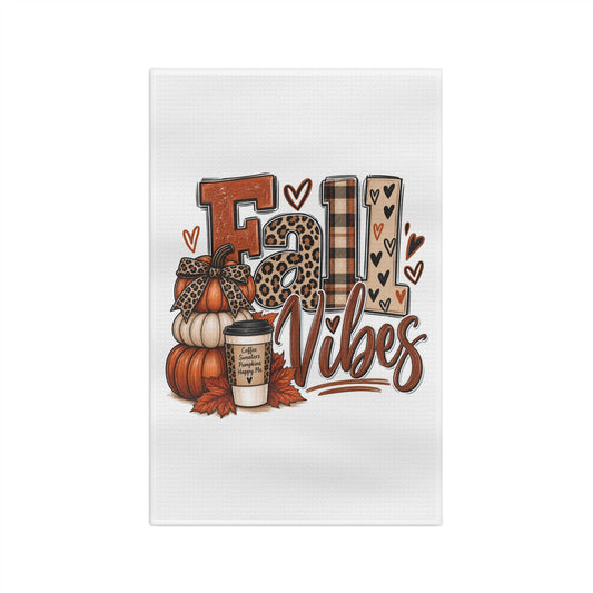 Fall Vibes Tea Towel — Autumn Pumpkins, Plaid & Coffee Kitchen Towel