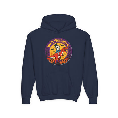 Youth Halloween Hoodie — 'Happy Halloween' Skeleton Riding Dinosaur Kids Sweatshirt
