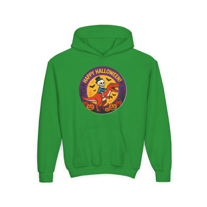 Youth Halloween Hoodie — 'Happy Halloween' Skeleton Riding Dinosaur Kids Sweatshirt