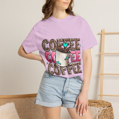 Coffee Lover T-Shirt — Leopard Print & Pink Heart Coffee Mug Design