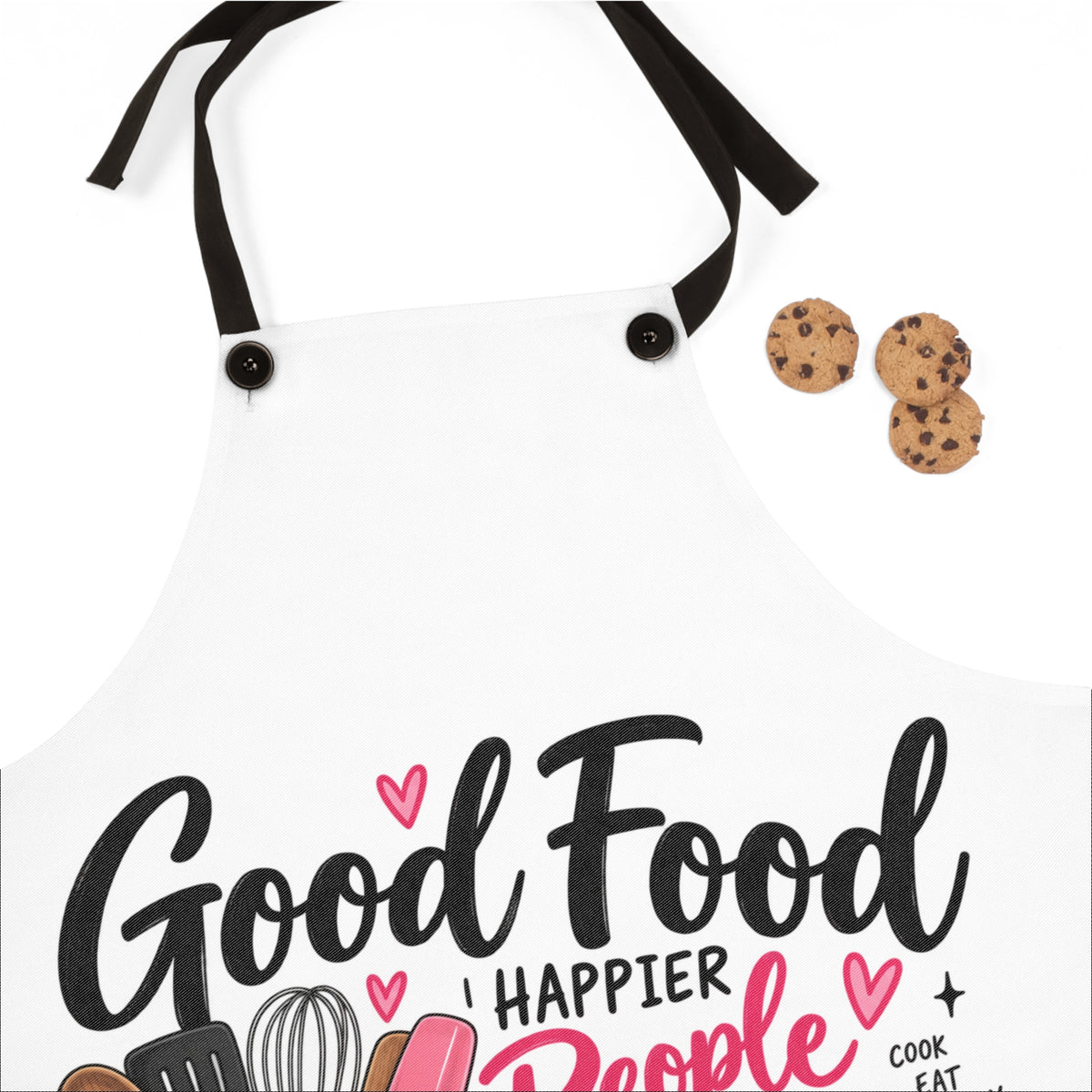Good Food, Happier People Apron — Cute Kitchen Cooking Apron with Utensils & 'Seasoned with Love' Design