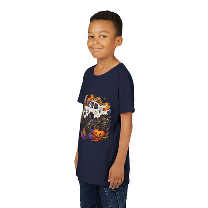 Kids Halloween Monster Truck Tee — Spooky Skull Van with Pumpkin Graphic