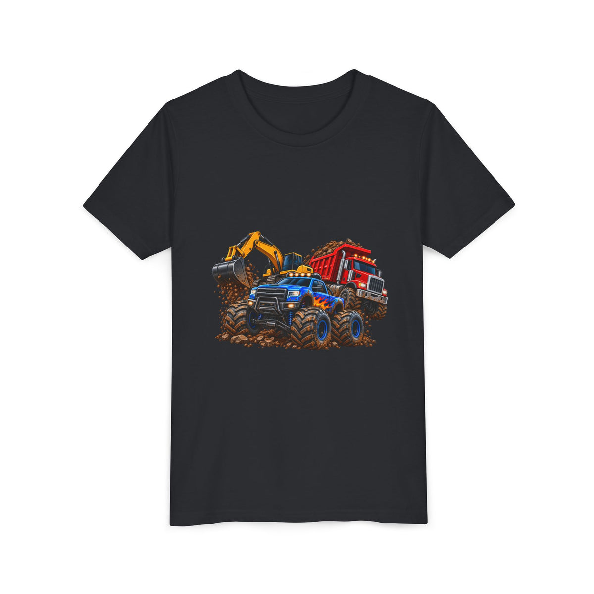 Kids Construction Trucks Tee — Monster Dump Truck & Excavator Graphic Youth Shirt