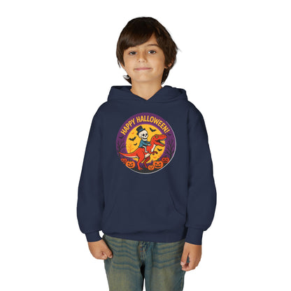 Youth Halloween Hoodie — 'Happy Halloween' Skeleton Riding Dinosaur Kids Sweatshirt