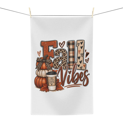Fall Vibes Tea Towel — Autumn Pumpkins, Plaid & Coffee Kitchen Towel