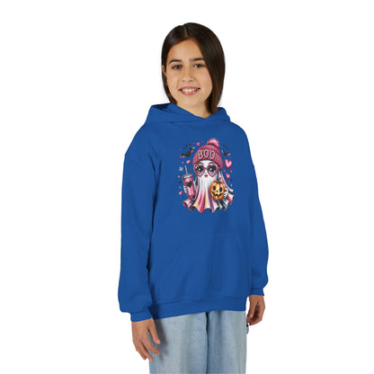 Youth Halloween Ghost Hoodie – Pink ‘Boo’ Skull with Pumpkin & Hearts