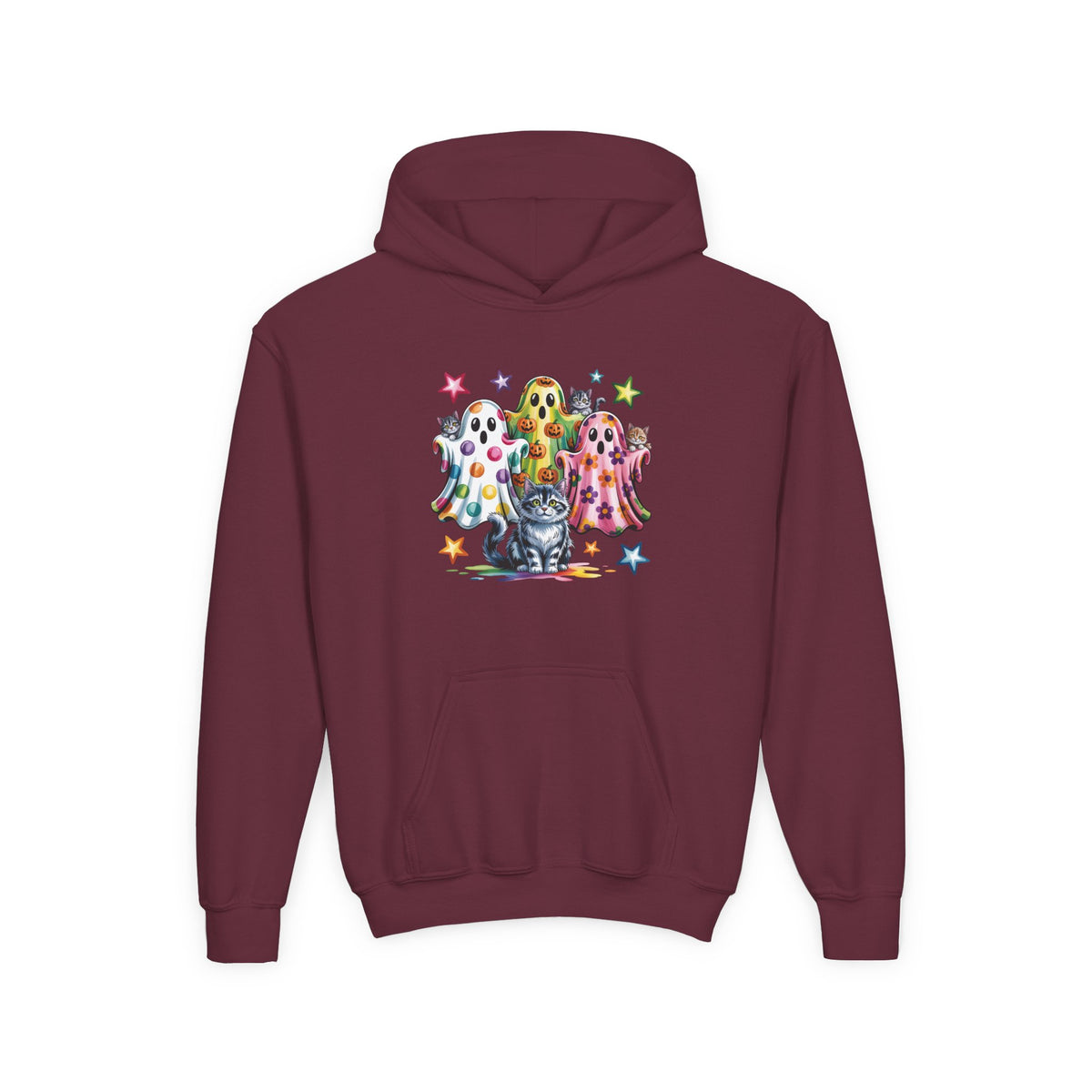 Youth Hoodie — Colorful Polka Dot Ghosts & Cat Halloween Sweatshirt