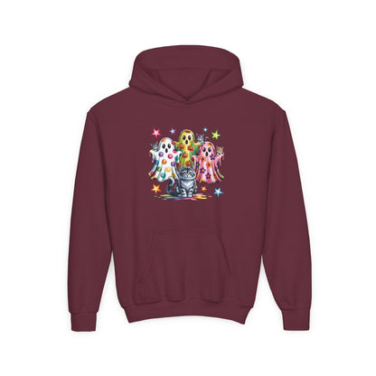Youth Hoodie — Colorful Polka Dot Ghosts & Cat Halloween Sweatshirt