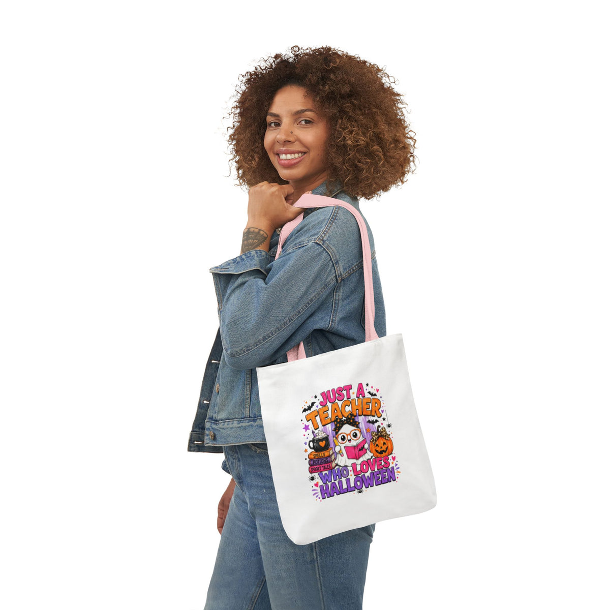 Halloween Teacher Tote Bag — "Just a Teacher Who Loves Halloween" Canvas Tote