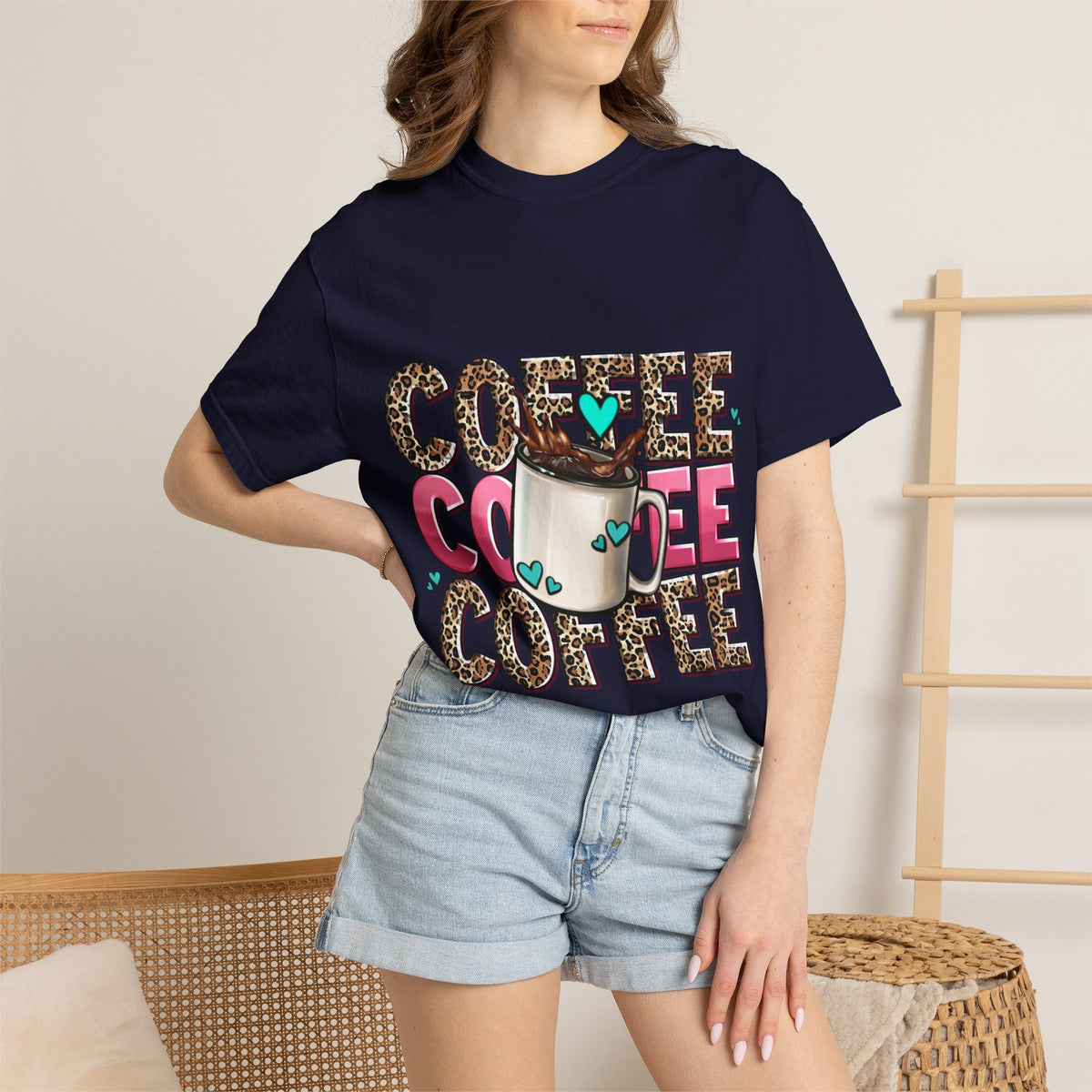 Coffee Lover T-Shirt — Leopard Print & Pink Heart Coffee Mug Design