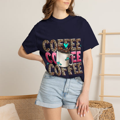 Coffee Lover T-Shirt — Leopard Print & Pink Heart Coffee Mug Design