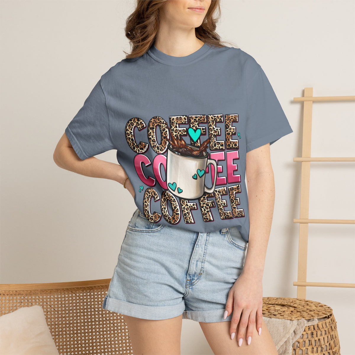 Coffee Lover T-Shirt — Leopard Print & Pink Heart Coffee Mug Design