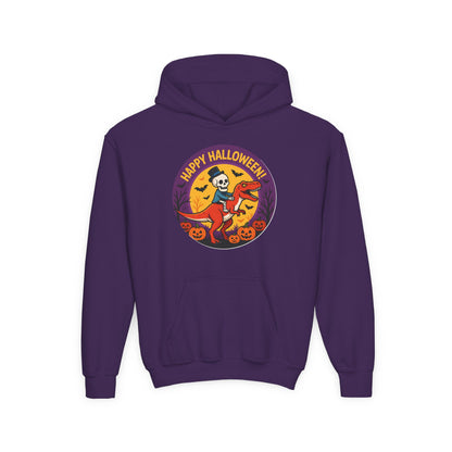 Youth Halloween Hoodie — 'Happy Halloween' Skeleton Riding Dinosaur Kids Sweatshirt