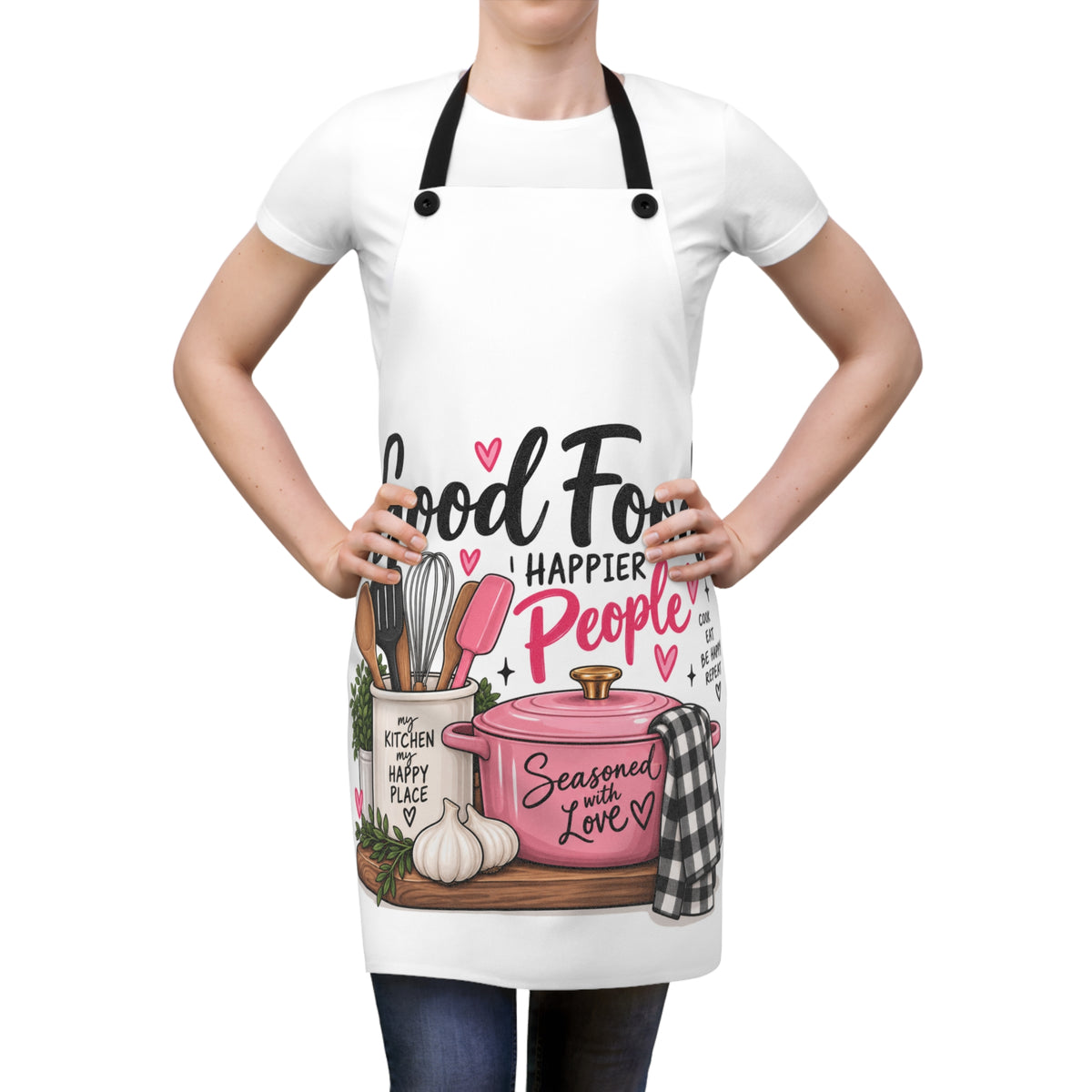 Good Food, Happier People Apron — Cute Kitchen Cooking Apron with Utensils & 'Seasoned with Love' Design