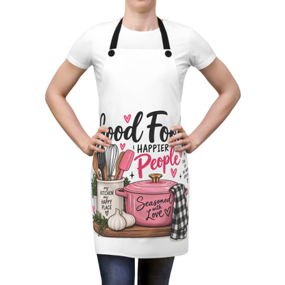 Good Food, Happier People Apron — Cute Kitchen Cooking Apron with Utensils & 'Seasoned with Love' Design