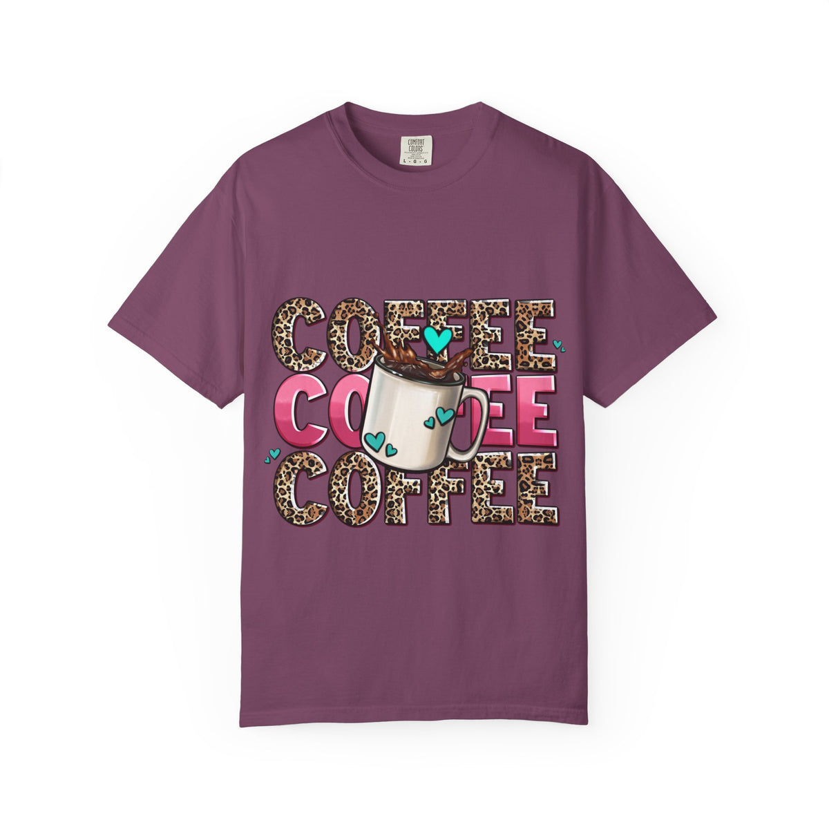 Coffee Lover T-Shirt — Leopard Print & Pink Heart Coffee Mug Design