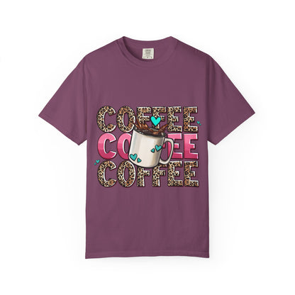 Coffee Lover T-Shirt — Leopard Print & Pink Heart Coffee Mug Design