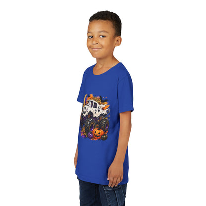 Kids Halloween Monster Truck Tee — Spooky Skull Van with Pumpkin Graphic