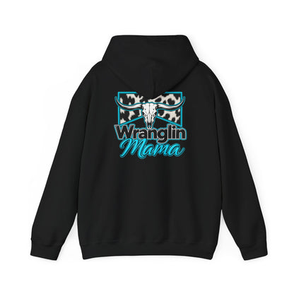 Wranglin Mama Hoodie - Western Cow Skull & Leopard Print Pullover for Cowgirl Moms