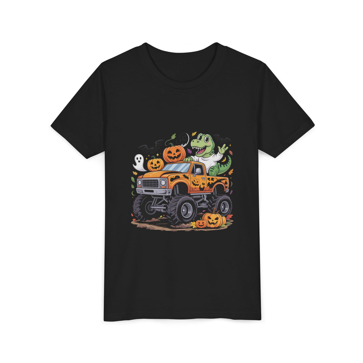 Kids Halloween Monster Truck Tee - Cute Pumpkin, Ghost & Dinosaur Truck Design