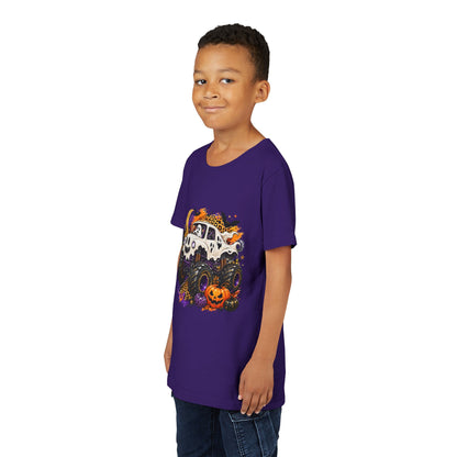 Kids Halloween Monster Truck Tee — Spooky Skull Van with Pumpkin Graphic