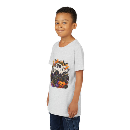 Kids Halloween Monster Truck Tee — Spooky Skull Van with Pumpkin Graphic