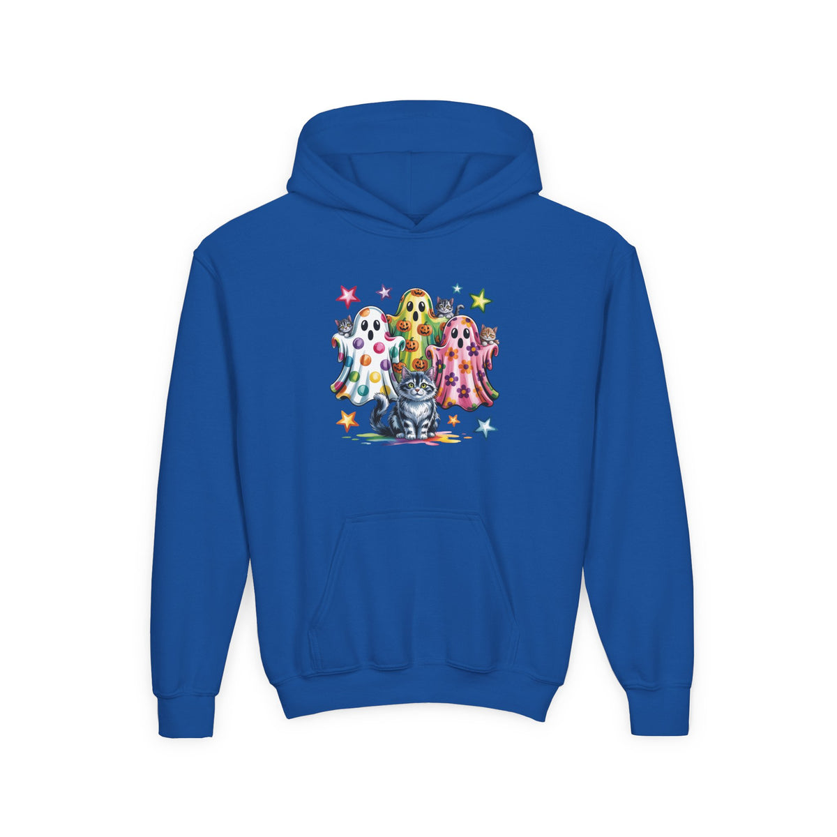 Youth Hoodie — Colorful Polka Dot Ghosts & Cat Halloween Sweatshirt