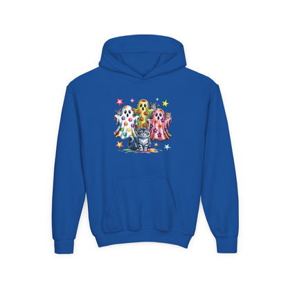 Youth Hoodie — Colorful Polka Dot Ghosts & Cat Halloween Sweatshirt