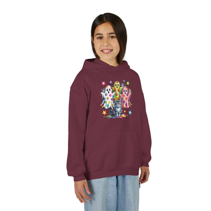 Youth Hoodie — Colorful Polka Dot Ghosts & Cat Halloween Sweatshirt