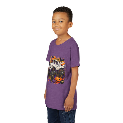 Kids Halloween Monster Truck Tee — Spooky Skull Van with Pumpkin Graphic