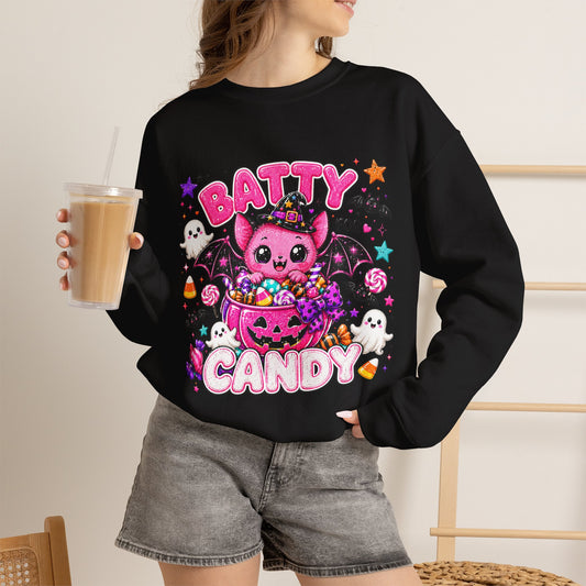 Batty for Candy Sweatshirt — Cute Pink Halloween Bat Crewneck