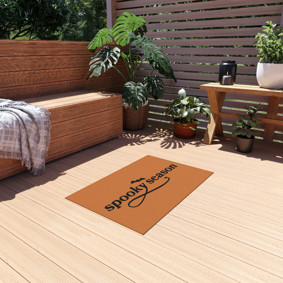 Outdoor Rug — "Spooky Season" Halloween Doormat (Orange with Bat)